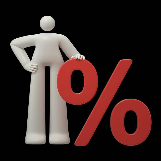 A man stands beside a large percentage sign, symbolizing financial discussion or discount. 3D rendering, conceptual image. Isolated on white background.