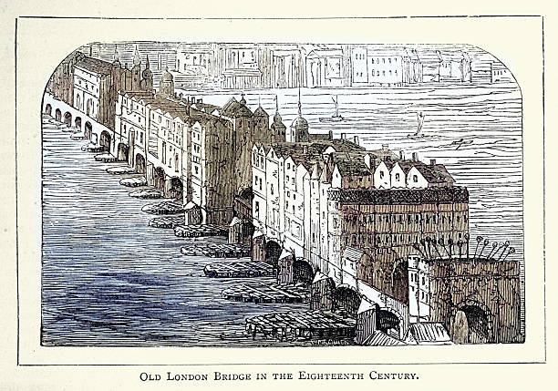 Old London Bridge in the 18th Century, Vintage illustration
