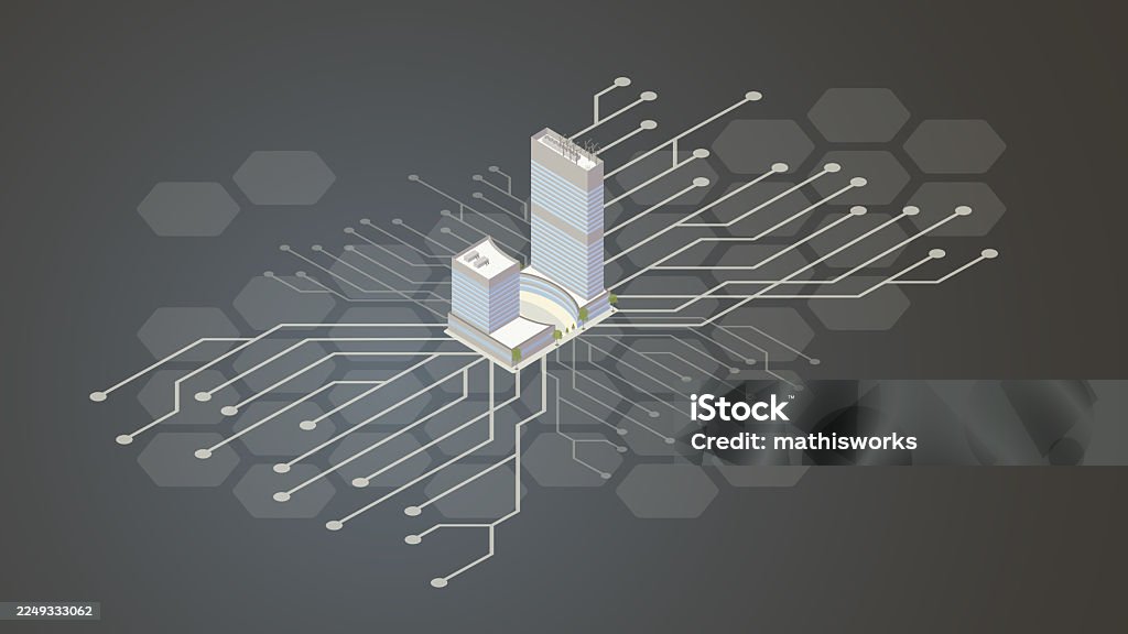 AI business High-tech or AI-powered business is illustrated as a contemporary office building high-rise, superimposed over a dark background with a circuitry pattern. Isometric building is not modeled after a specific building. The illustration ties themes of high-tech together with corporate business, finance, insurance, or other entities based in modern offices. Data Center stock vector AI business High-tech or AI-powered business is illustrated as a contemporary office building high-rise, superimposed over a dark background with a circuitry pattern. Isometric building is not modeled after a specific building. The illustration ties themes of high-tech together with corporate business, finance, insurance, or other entities based in modern offices. Data Center stock vector