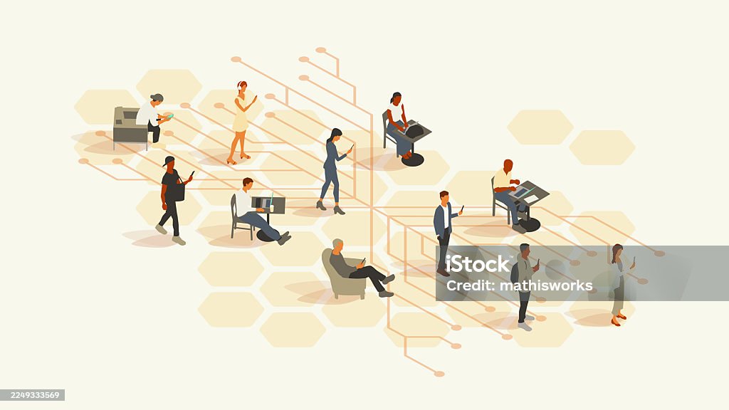Users A range of people use computers and devices, superimposed over a subtle background of circuitboards and hexagons, in this isometric vector illustration. People range from businesspeople to casual folks, men and women, and from younger to older. Artificial Intelligence stock vector Users A range of people use computers and devices, superimposed over a subtle background of circuitboards and hexagons, in this isometric vector illustration. People range from businesspeople to casual folks, men and women, and from younger to older. Artificial Intelligence stock vector