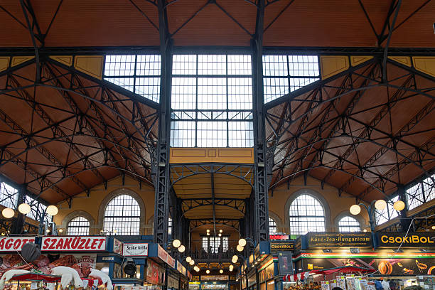 Budapest, Hungary - April 2025 This image captures the intricate ceiling of Budapest's Great Market Hall, featuring a lattice of black iron girders supporting warm brown wooden panels. Large arched windows line the sides, flooding the space with natural daylight that highlights the industrial architecture. Pendant globe lights hang from the framework, adding a touch of elegance to the vast interior. The composition emphasizes the grandeur of 19th-century engineering in a bustling public space. There are market stalls at the base of the image.