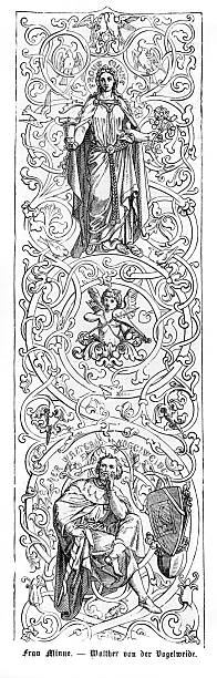 istock Scenes featuring Frau Minne and Walther von der Vogelweide in ornate medieval motifs, 19th century 2249336409