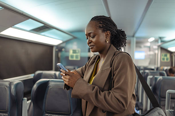 istock Professional woman on a train commuting for business, using a smartphone during travel 2249336815