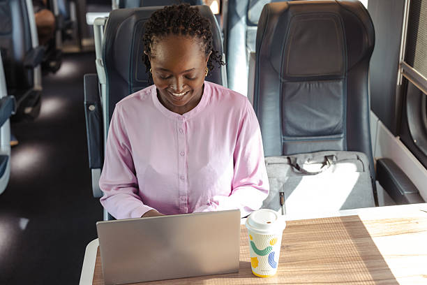 istock Woman on a train uses laptop for work during a calm commute with coffee 2249337000