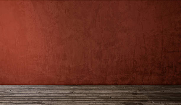istock Empty Industrial Loft Room Interior Background Template. Rough Red Concrete Cement Wall Texture Backdrop. Vintage Weathered Wood Floor Planks. Urban Modern Design Blank Copy Space Banner Concept. 2249337609