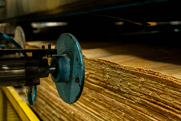 Close-up of stacked plywood layers showing industrial production and construction material texture.