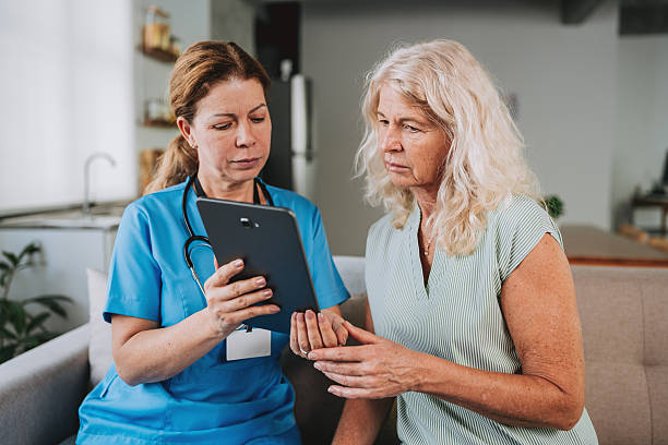 istock Mature nurse using digital tablet to consult with senior patient at home 2249341815