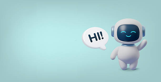 istock Cute 3D robot waving with speech bubble saying Hi. Friendly AI chatbot character on clean background. Modern digital assistant illustration for tech, apps and customer support 2249349249