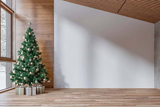 istock A cozy empty modern interior in a log cabin, with a decorated Christmas tree placed beside large windows with a snowy outdoor view, unfurnished, empty white wall and copy space 2249355937