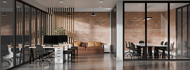 istock 3D rendered modern office with rows of workstations, chairs, and glass partition meeting rooms 2249365553