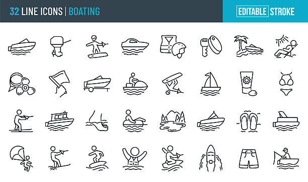 Boating Thin Line Icons - Editable Stroke A set boats and boating icons that include editable strokes or outlines using the EPS vector file. The icons include a motor boat in the water, boat engine, wakeboarder wake boarding, yacht in the water, helmet, boat propeller, boat prop, ski rope, motor boat on trailer, person riding a personal water craft, athlete doing freestyle trick, sailboat, person water skiing, hand holding up a flag, foot in the water, person on tube being pulled behind boat, lake, ski boat, person parasailing, person slalom skiing, boat on the beach, sunbather, rescue boat, fisherman fishing from a fishing boat, person wake surfing, lifejacket, kneeboarder, kneeboarding, view from above of a motor boat driving through the water, bikini, board shorts, flip flops, boat key, sunscreen and a pontoon boat. clip art of a jet ski stock illustrations