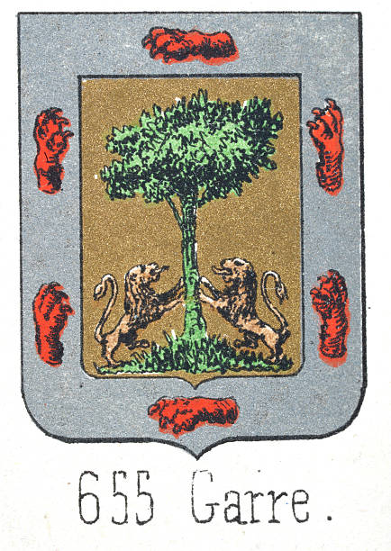 Medieval heraldry, Coat of arms, Shield with, Red, Paw, Gold, Lions, Rampant, Green, Tree, Spanish, Vintage illustration
