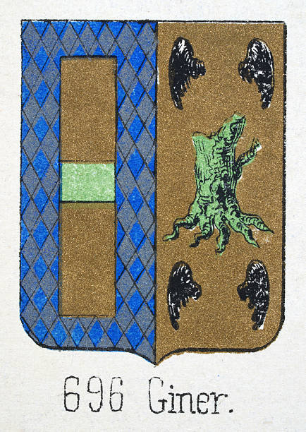 Medieval heraldry, Coat of arms, Shield with,Diamond, Silver, Blue, Black, Wing, green, tree, stump, Spanish, Vintage illustration