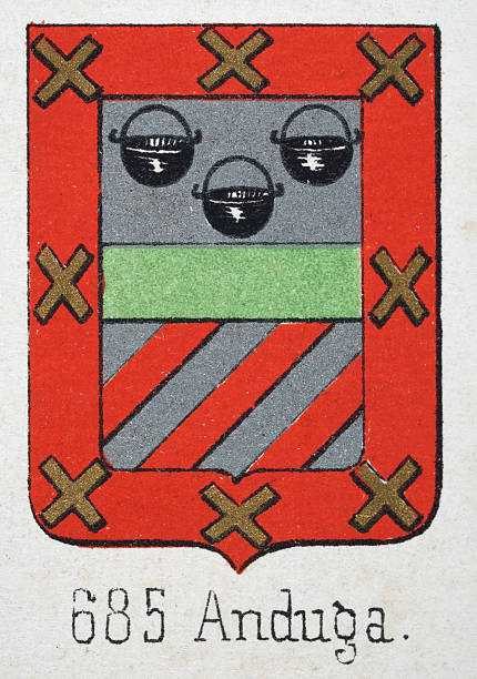 istock Medieval heraldry, Coat of arms, Shield with, Black, Cauldron, Gold, Cross, Silver, Stripes, Red, Spanish, Vintage illustration 2249375837
