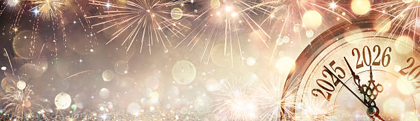 istock 2026 New Year Card - Clock And Fireworks Waiting Midnight - Abstract Defocused Background 2249384807