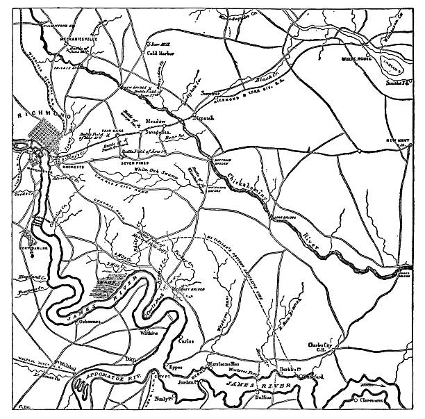 Map of the defensive lines and opperations by George Brinton McClellan, and the Army of the Potomac in the Eastern Theater of the American Civil War in Virginia, USA (circa 1860s). Vintage etching circa 19th century.