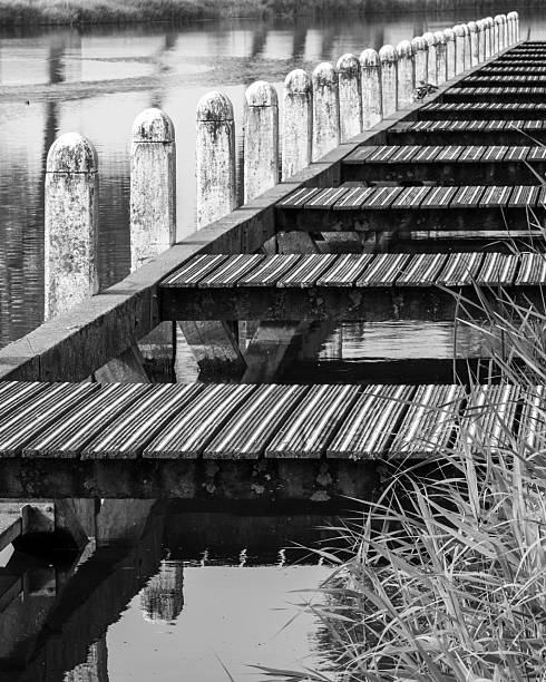 istock Landing stage on a canal, greyscale shot 2249390553
