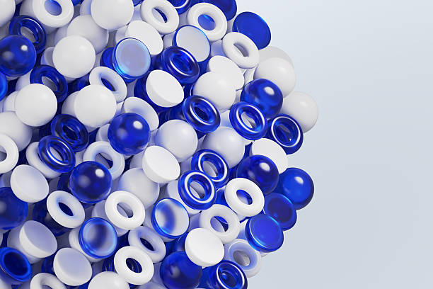 Abstract geometric 3d background with many glass and plastic shapes - sphere, ball, circle ring, torus, hemisphere in white and blue. Futuristic tech banner template. Modern wallpaper. 3D illustration