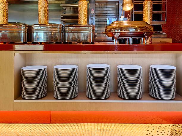 A buffet area or commercial kitchen, with a plate arrangement under the buffet.