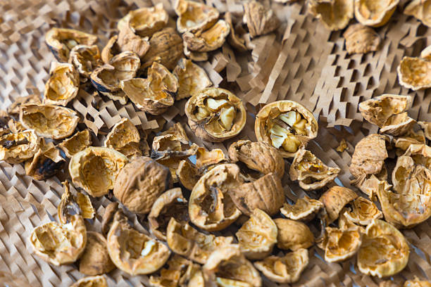 An extreme close-up (macro) shot from above of a pile of cracked walnut shells. The shells are scattered across a textured, brown honeycomb packaging paper