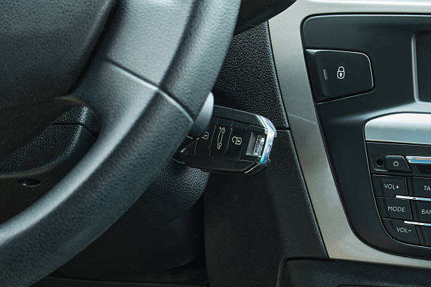 istock Car steering wheel and ignition smart key for driving 2249404655
