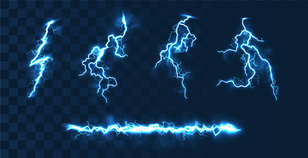 stockillustraties, clipart, cartoons en iconen met blue lightning bolts set isolated on transparent bg. vector realistic illustration of magic energy flashes, thunderstorm strikes, neon curves glow in dark with bright sparks, electric power discharge - bliksem