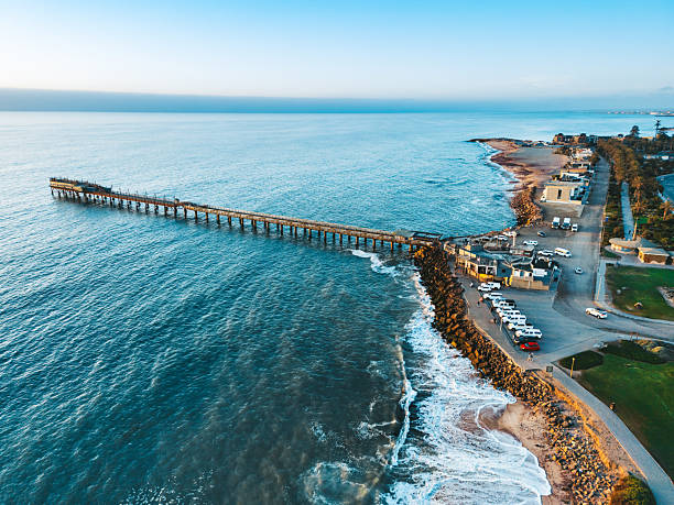 drone view on Swakopmund Pier and coast line at sunset hour