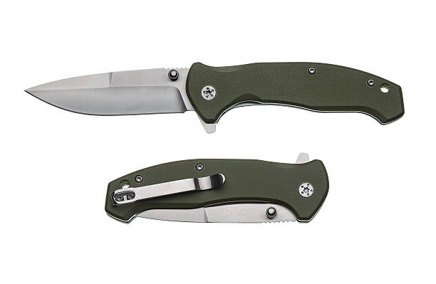 istock A folding pocket knife with a drop point blade and an olive green G10 handle, shown open and closed. 2249414148