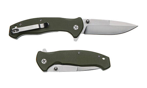 istock A folding pocket knife with a drop point blade and an olive green G10 handle, shown open and closed. 2249414157