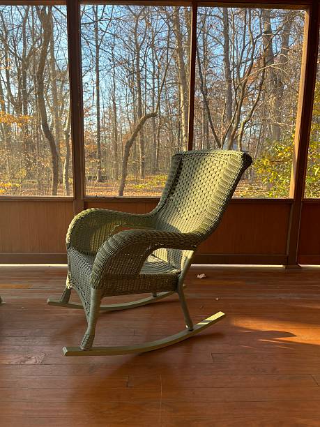 istock Screened porch with empty green rocking chair 2249416011