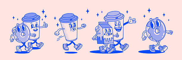 Retro coffee and donut cartoon set in a groovy vintage style with walking characters and playful expressions. Fun illustrated collection for stickers, branding, menus and designs.