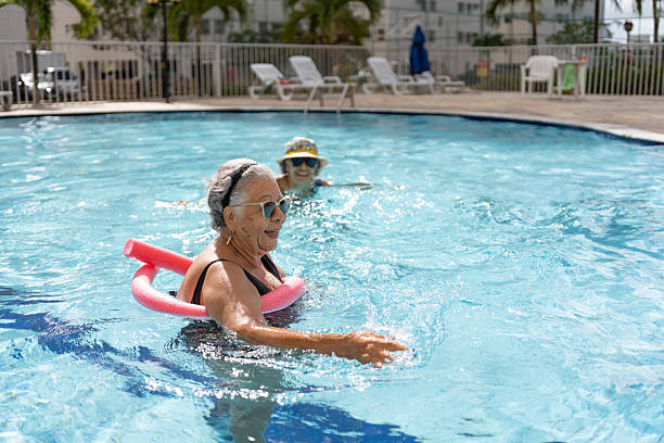 istock Elderly women in condominium pool 2249421143