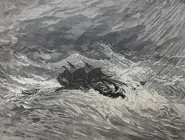 Antique illustration pre 1900 - sailing ship caught in storm with large waves