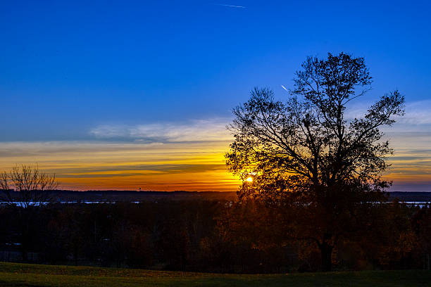 sunset on the Mississippi with tree and colored sky