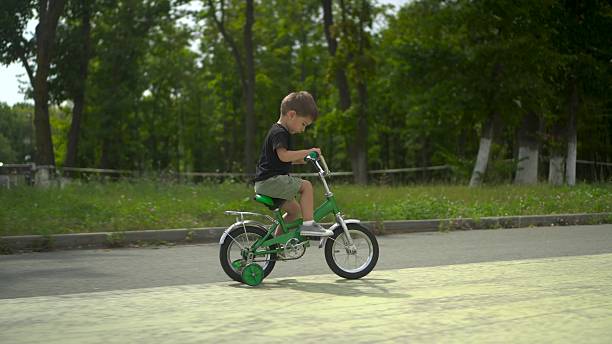 istock Three year old boy rides a green bicycle on an asphalt path in the park with a background of green forest 2249426955