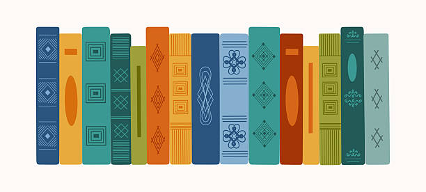 Set of vertically standing books in colored covers. Pile fiction literature or textbooks. Education and knowledge concept. Hand drawn vector illustration isolated on white background, flat style.