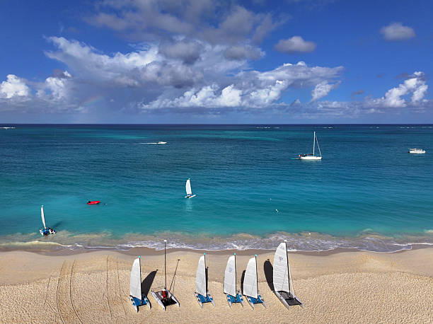catamaran and horizon over water at seychelles islands, indian ocean.