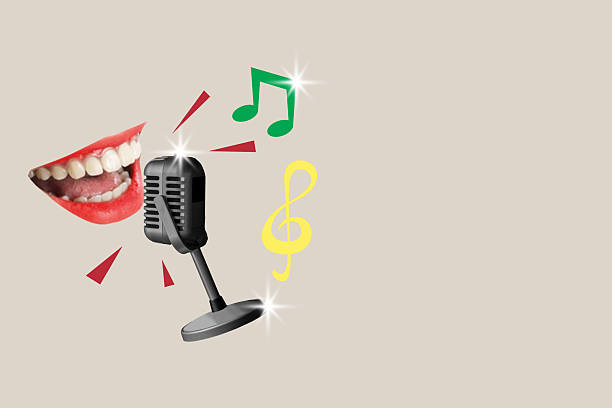 Human mouth with a microphone sings a song with musical notes on a colored background. Concept of music. Collage art