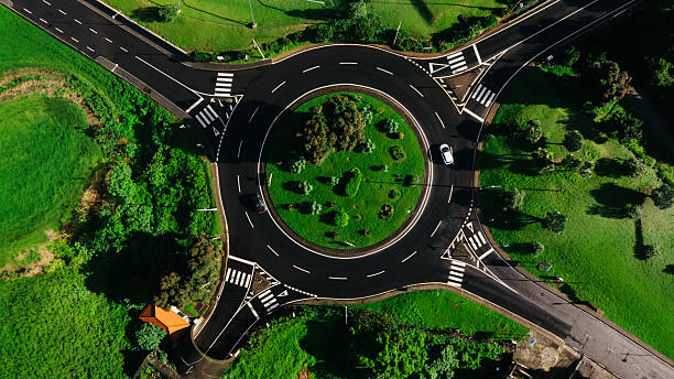 istock Aerial view of a circular intersection surrounded by lush greenery 2249447564