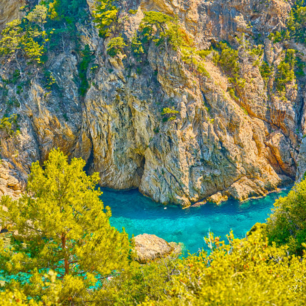 Rocky cliffs with lush greenery overlooking a serene, turquoise bay. This enchanting landscape highlights the natural beauty of the southern Turkish coast near Antalya.
