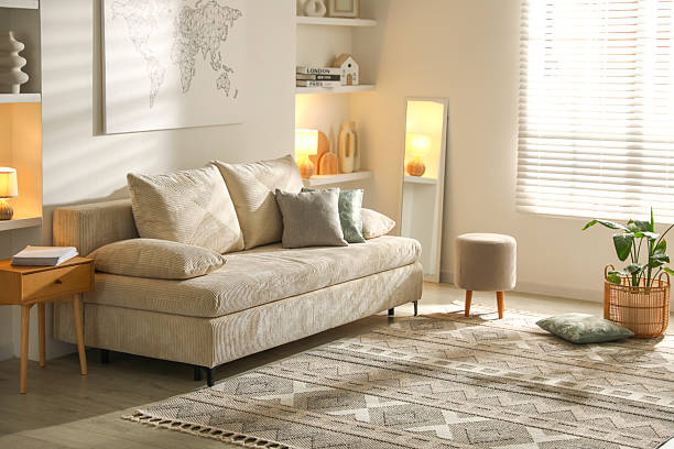 istock Comfortable sofa with pillows, pouf and houseplant in living room 2249447831