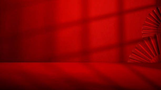 istock Red Chinese folding fan on a colored background. Mockup, template, or copy space. Decoration for Lunar or Chinese New Year celebration 2249448982