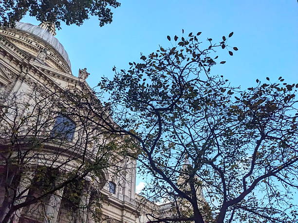 London, UK - November 08 2025: The iconic dome of St. Paul's Cathedral, a masterpiece of English Baroque architecture, viewed from below through tree branches on a clear day in autumn
