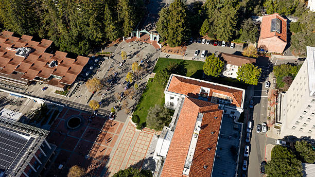 Aerial view of a university campus in Northern California with students passing through the quad coming and going to class and instruction.