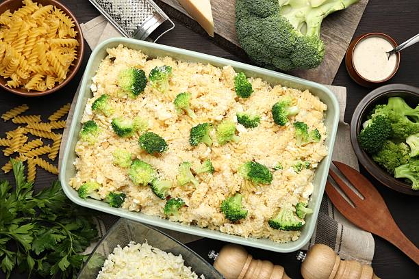 istock Uncooked pasta casserole in baking dish and ingredients on wooden table, flat lay 2249455702