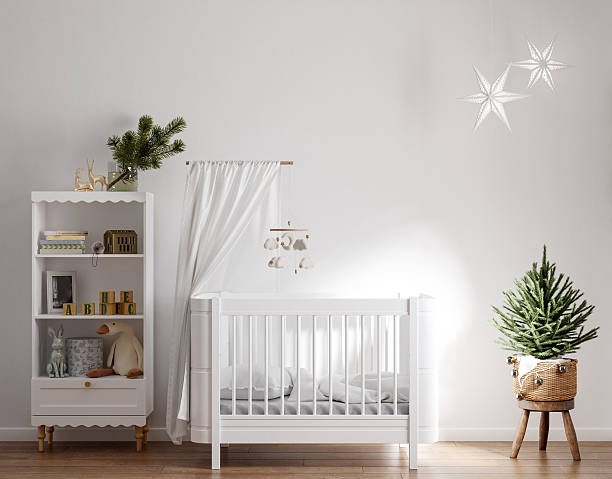 istock Cozy white nursery decorated for Christmas, wall mockup 2249457878