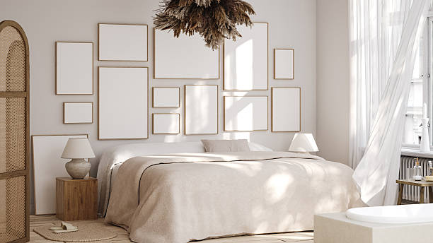 istock Mockup gallery wall  in light bohemian bedroom interior background, perspective panorama 2249457890