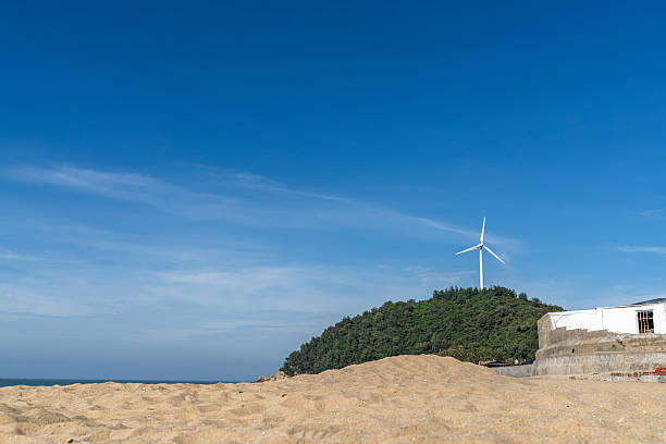 Wind turbines on a small island by the sea