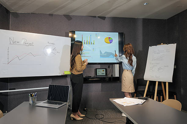 istock Business women attend busy team meeting, presenting project data, discussing charts for future business growth and success, collaborating for new ideas 2249464418