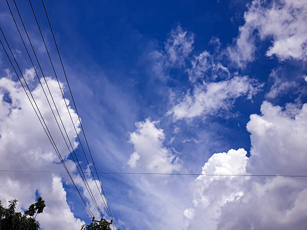 istock Blue sky with streaky clouds and overhead power lines adding an urban element, useful for themes of infrastructure, environment balance, and everyday outdoor scenery. 2249476962